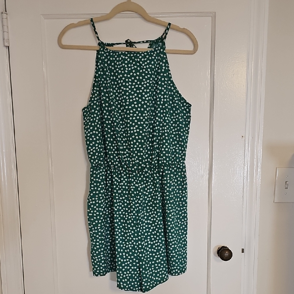 SHEIN Green and White Polka Dot Romper